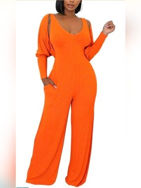 NWOT- 2 Piece Wide Leg Ribbed Knit Jumpsuit With Crop Cardigan
